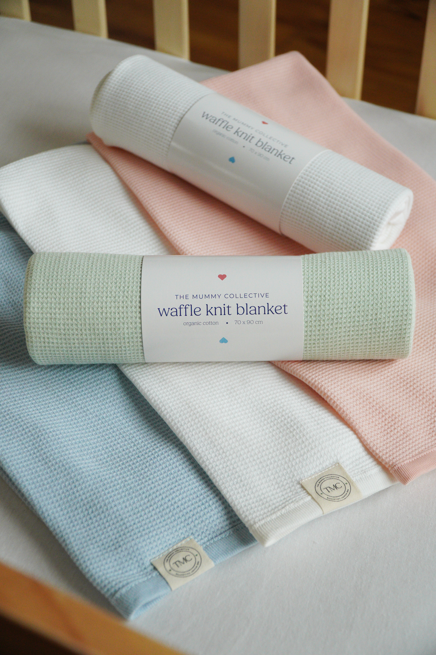 100% Organic Cotton - All Season Waffle Knit Blanket - (White, Coral, Baby Blue, Sage Green)