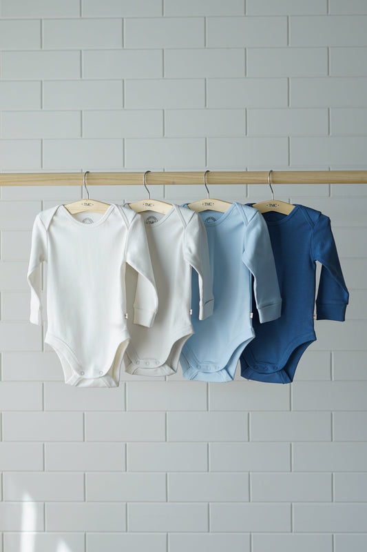 100% Organic Cotton - Full Sleeve Bodysuit Starterpack - Combo 6 (White, Silver and Blues)